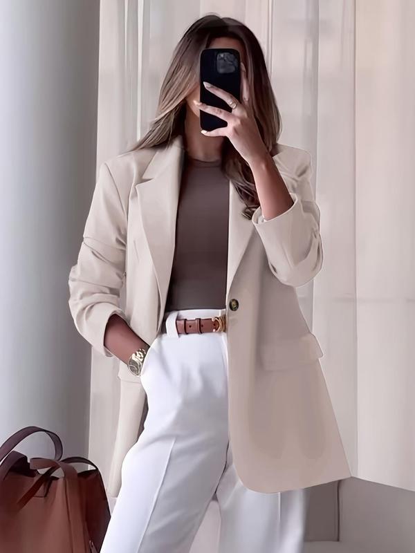 Women's Solid Button Lapel Neckline Blazer, Elegant Long Sleeve Outerwear for Work Office Business, Ladies Spring & Fall Clothes